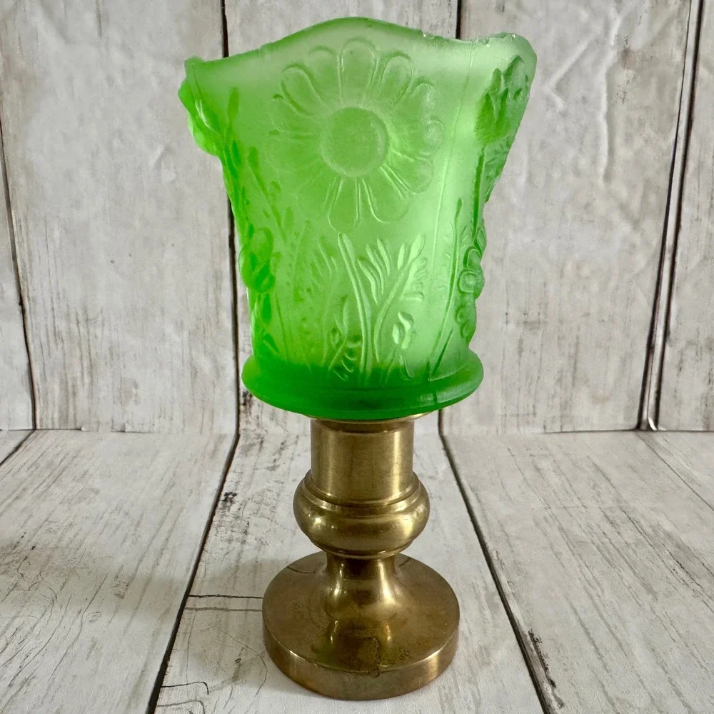Vintage Green Uranium Glass Floral Satin Frosted Brass Candle Holder 5 1/2